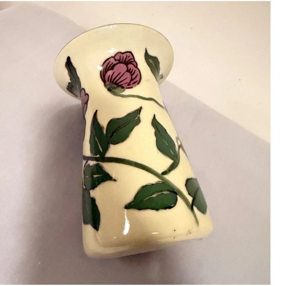 Vintage Hand-Painted Floral Vase Cream Pink Purple Glaze 7.5